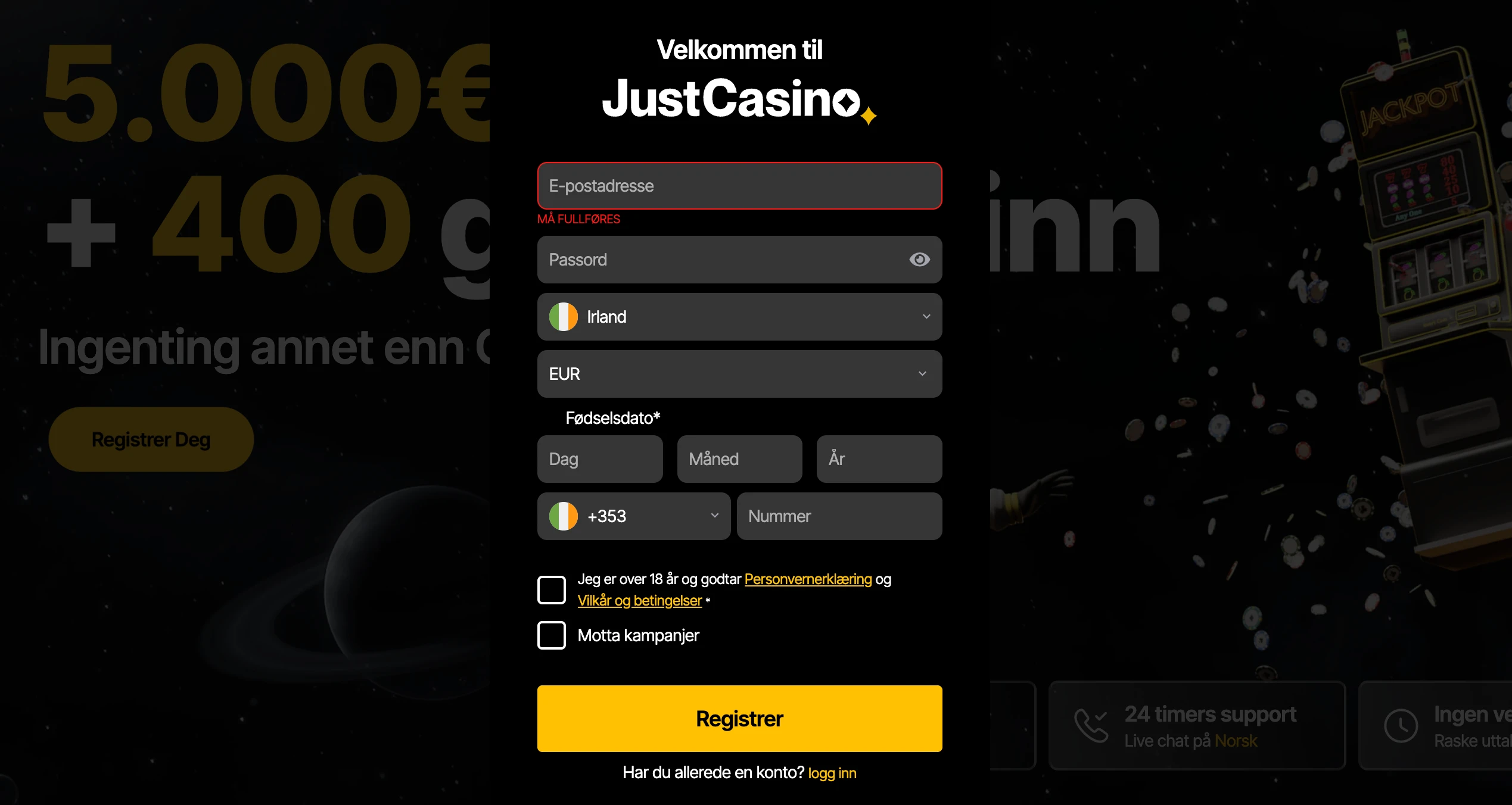 Registrering hos JustCasino